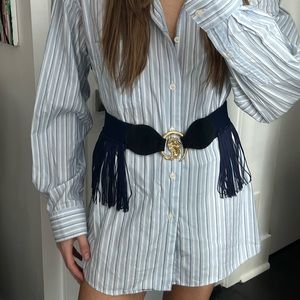 Vintage Navy Blue Fringe Cowgirl Western Vibes Belt with Gold Detail